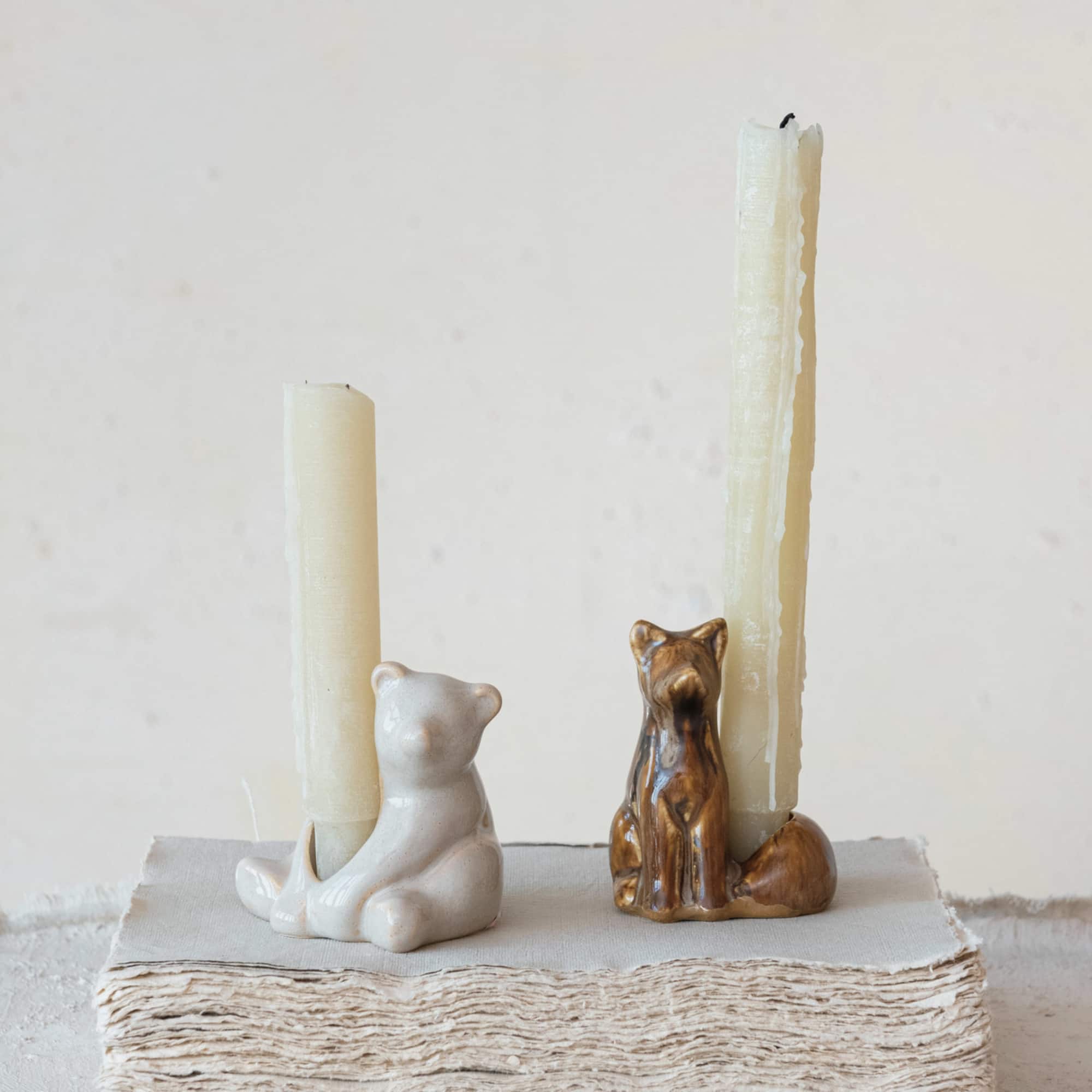 Hello Honey® 3.25" White Stoneware Bear Taper Candleholder with Reactive Glaze
